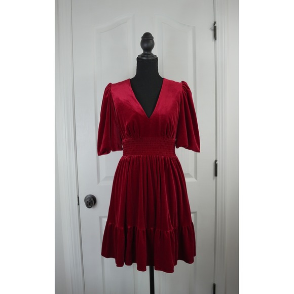 ANTONIO MELANI Dresses & Skirts - Antonio Melani Red Velvet V-Neck Smocked Waist Ruffle Mini Dress Size 2 Holiday